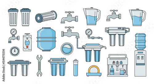 Flat Minimalist Vector Design of Water Filtration and Purification Equipment in Neutral Colors