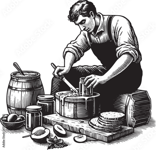 Vintage inspired woodcut illustration of a man preparing fruit j