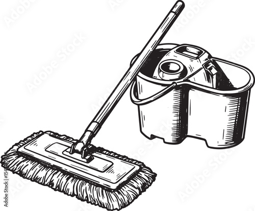 Detailed illustration of a cleaning mop and bucket in a hand-dra