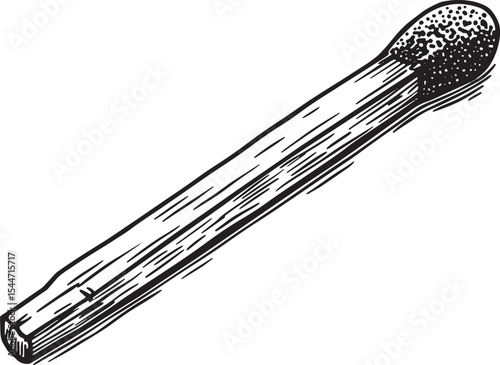Detailed black and white illustration of a single matchstick on