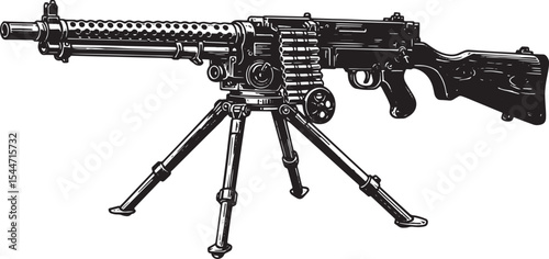 Detailed Black and White Illustration of a Vintage Machine Gun o