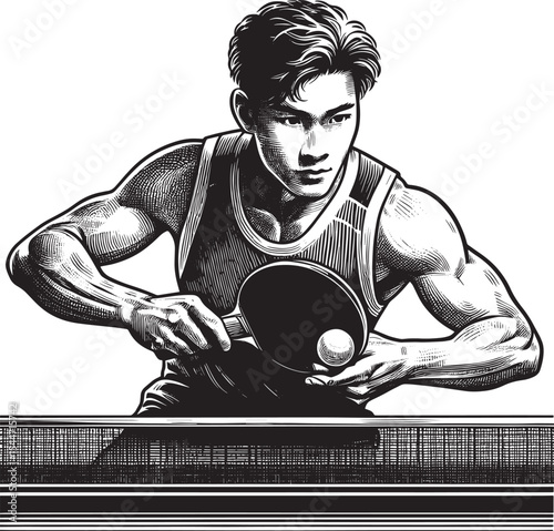 Dynamic Woodcut Illustration of a Focused Table Tennis Athlete i
