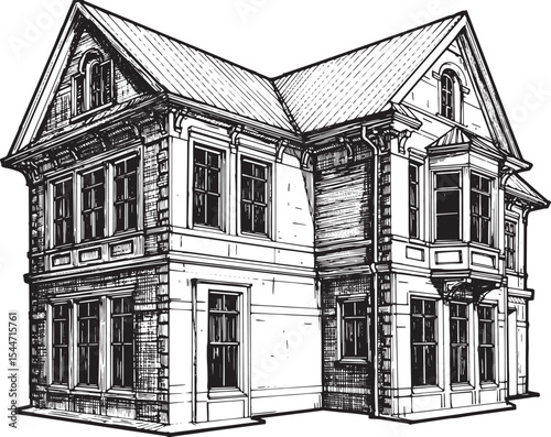 Hand-drawn illustration of a victorian house showcasing architec