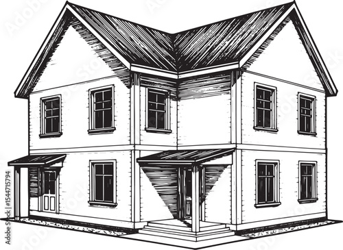 Detailed Black and White Architectural Illustration of a House w