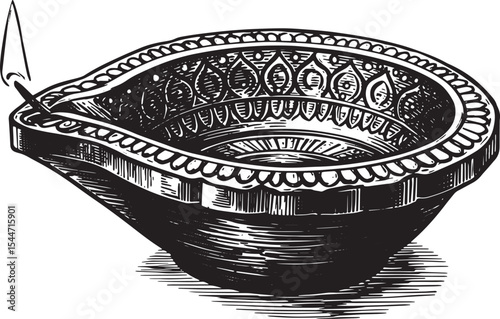 Detailed black and white illustration of a traditional oil lamp
