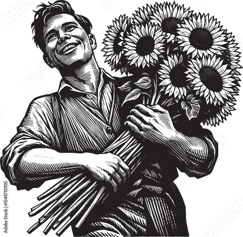 Joyful Sunflower Delivery: Man's radiant smile with a bouquet in