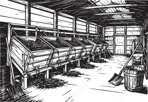 Farm Interior Depicting Wooden Bins and Tools in a Barn-like Str