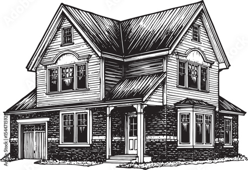 Illustration of a detailed classic home with black and white sty