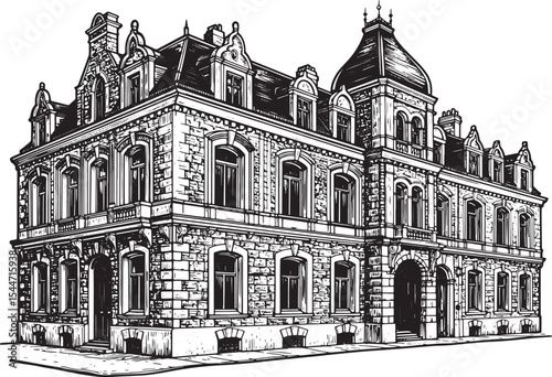 Detailed illustration of a classical building facade in a vintag