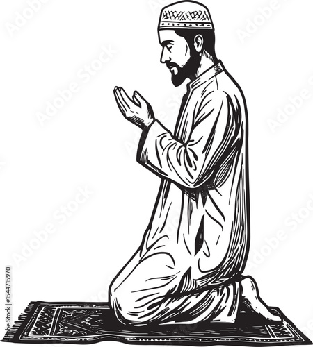 Illustration of a Muslim Man Praying on a Prayer Rug, Islamic Re