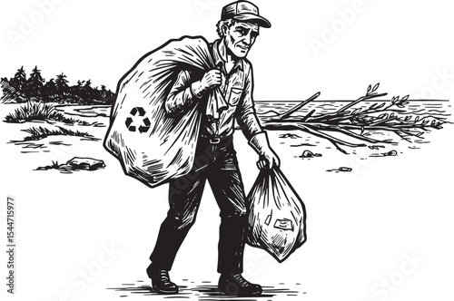 Man collecting trash with a bag, promoting environmental protect