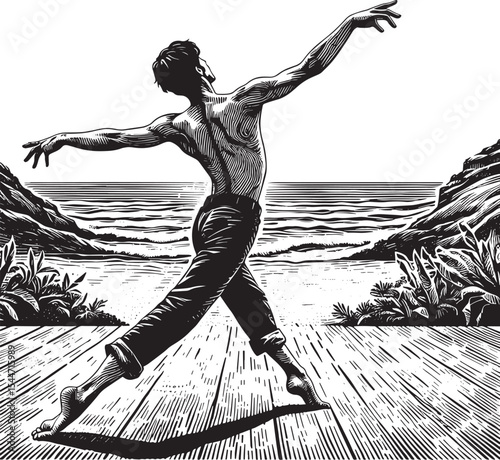 Barefoot dancer's woodcut illustration on a stage by the sea