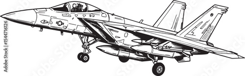 Detailed black and white illustration of a fighter jet in flight