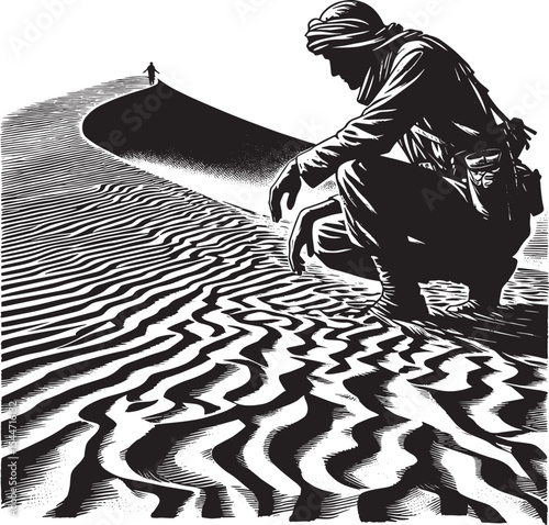 Solitary traveler's pause: Woodcut desert scene with figure and