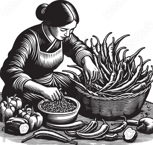 Monochrome Woodcut Illustration of a Woman Preparing Spicy Peppe