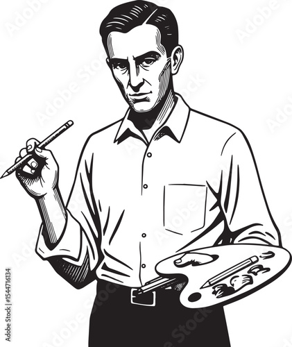 Black and White Illustration of an Artist with Palette and Penci
