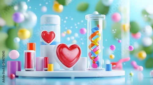 Colorful cosmetics, DNA, hearts, lab setting, product ad