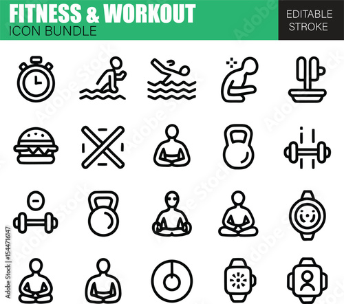 Modern Vector Icons Representing Fitness, Gym Exercises, Healthy Living, Sports, Bodybuilding, and Physical Training for Digital and Print Projects