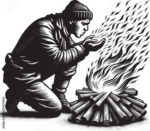 Monochrome illustration of a man tending a fire with focused bre