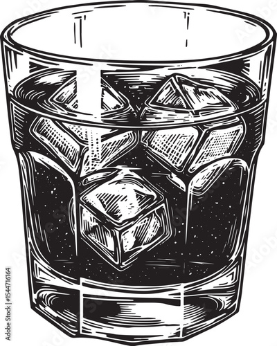 Detailed illustration of a glass of whiskey with ice cubes in a