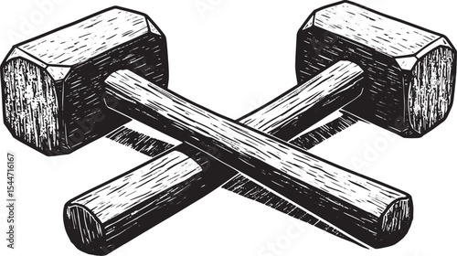 Illustration of Two Wooden Mallets Crossed Against a White Backg