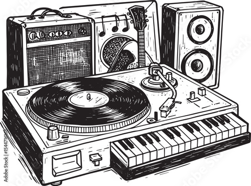 Black and white illustration of a vinyl record player with music