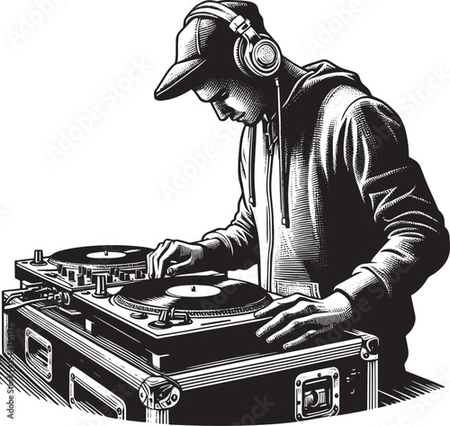 Monochrome woodcut illustration of a man DJing with a turntable