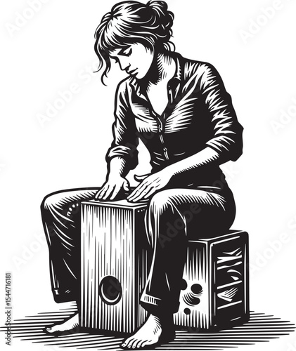 Monochrome woman engrossed in rhythmic caj