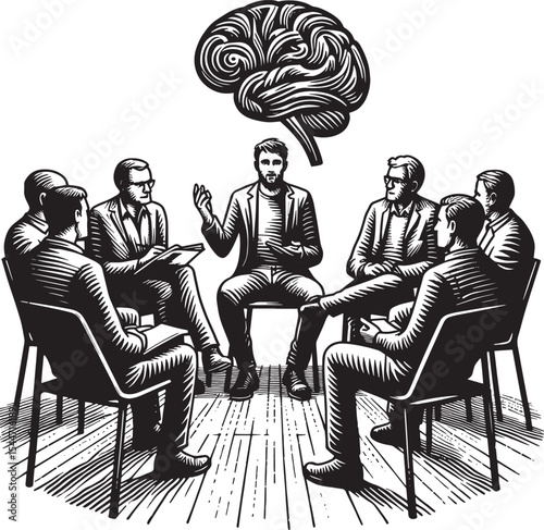 Engraving style illustration depicting a mental health support g