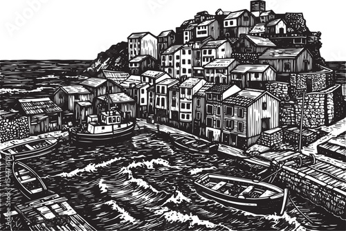 Black and white illustration of a coastal town with boats and bu