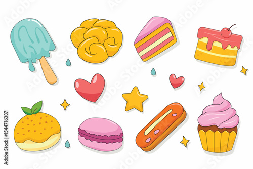 National Dessert Day sticker pack featuring ice cream, pastries, cakes, macarons, eclairs, cupcakes and chocolate.