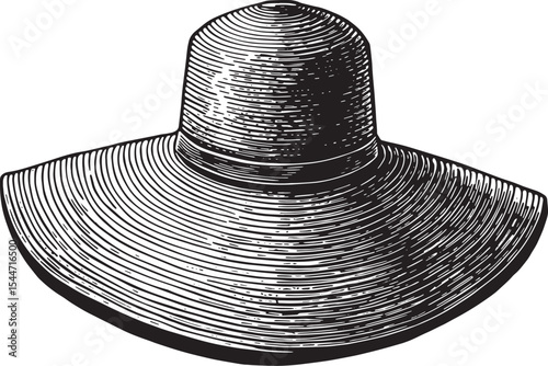 Elegant vintage hat with a wide brim illustration in black and w