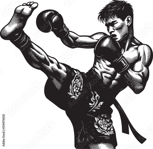 Dynamic kickboxer woodcut illustration, isolated on white backgr