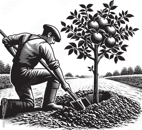 Monochrome depiction of a man planting a fruit tree with a shove