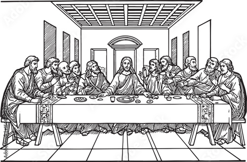 Black and White Illustration of The Last Supper Scene Depicting