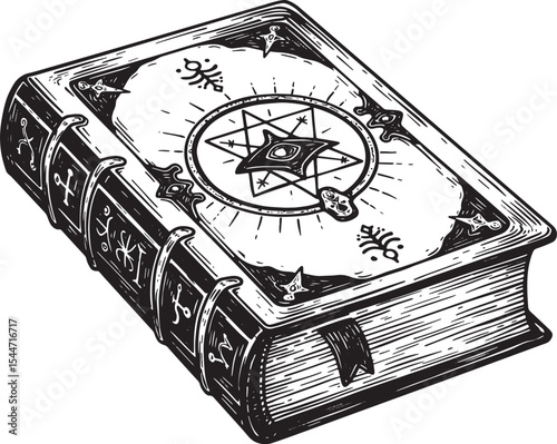 Intricate illustration of an old, magic book with mystical symbo