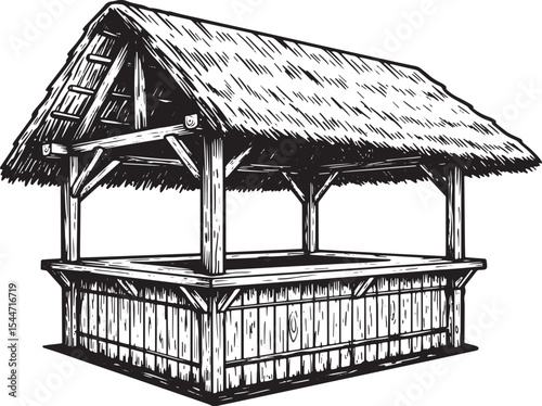 Hand-drawn illustration of a wooden gazebo with a thatched roof