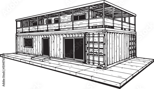 Illustration of a modern two-story house built from shipping con
