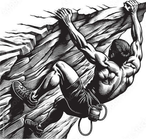 Monochrome Woodcut Style Illustration of a Male Rock Climber Asc