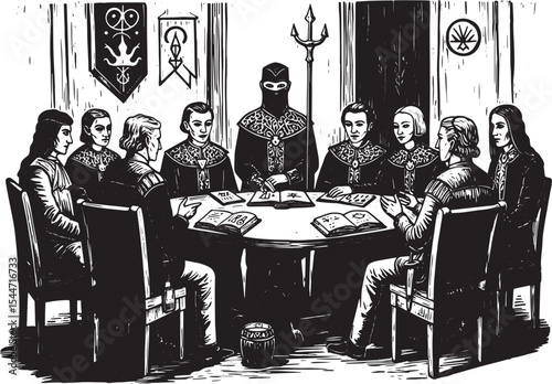 Illustration of a medieval council in a dark room during a meeti