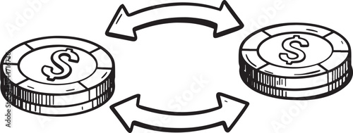 Hand-drawn illustration of currency exchange and financial trans