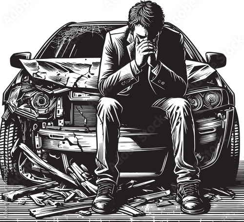 Despair after the crash: A monochrome illustration of a man amid