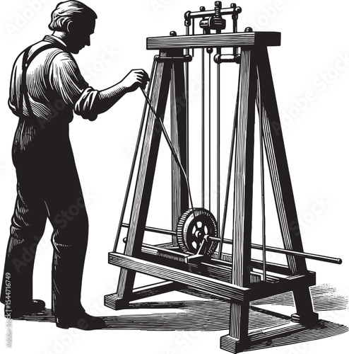 Monochrome illustration of a man interacting with a vintage mech