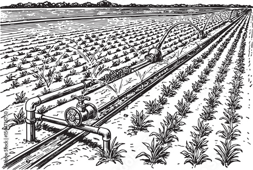 Illustration of a farm field with irrigation system watering cro
