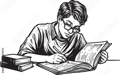 Illustration of a man studying and writing in a book, black and