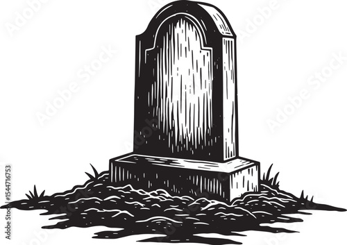 Black and white illustration of a tombstone in a grave, death co