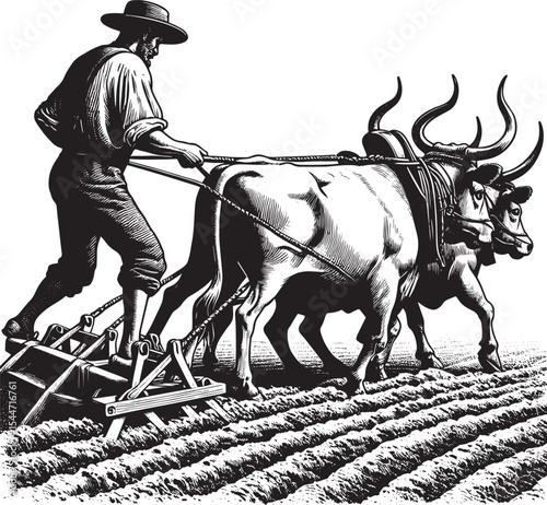 Agricultural heritage depicting a man using oxen to plow the fie