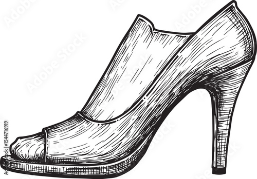 Detailed hand-drawn illustration of a high-heeled peep-toe shoe