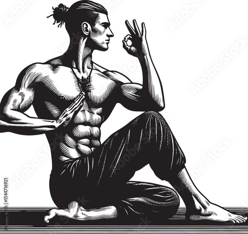 Monochromatic yoga master in meditation pose with focused concen