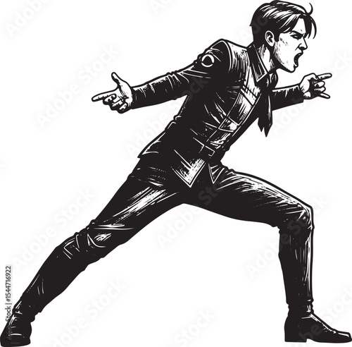 Dynamic illustration of a man in a suit expressing strong emotio